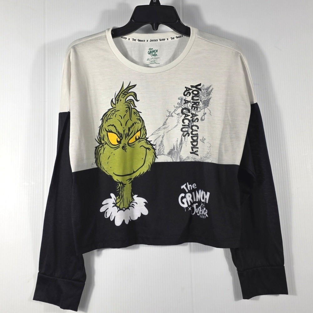 Justice Sleep The Grinch Long Sleeve Pajama Top White Black Girls Large Plus 12P